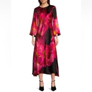 Johnny Was Small Flared Sleeve Bias Cut Silk Floral Midi Dress NWT $445 Ruby